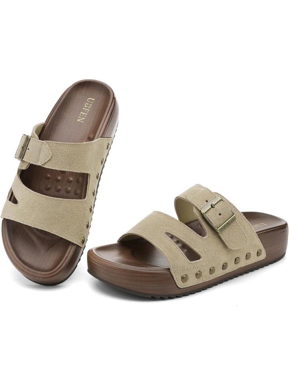 Women's Slides Platform C Beige Genuine Leather Arch Support Buckle Sandals - Picture 4 of 6
